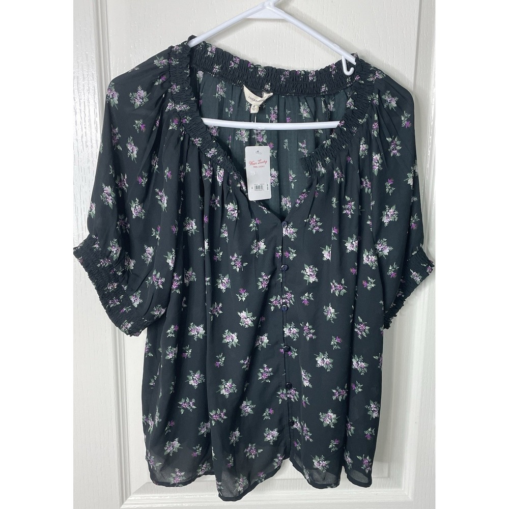 Lucky Brand Womens Top Black Floral XL Sheer Romantic Feminine Ditsy Floral